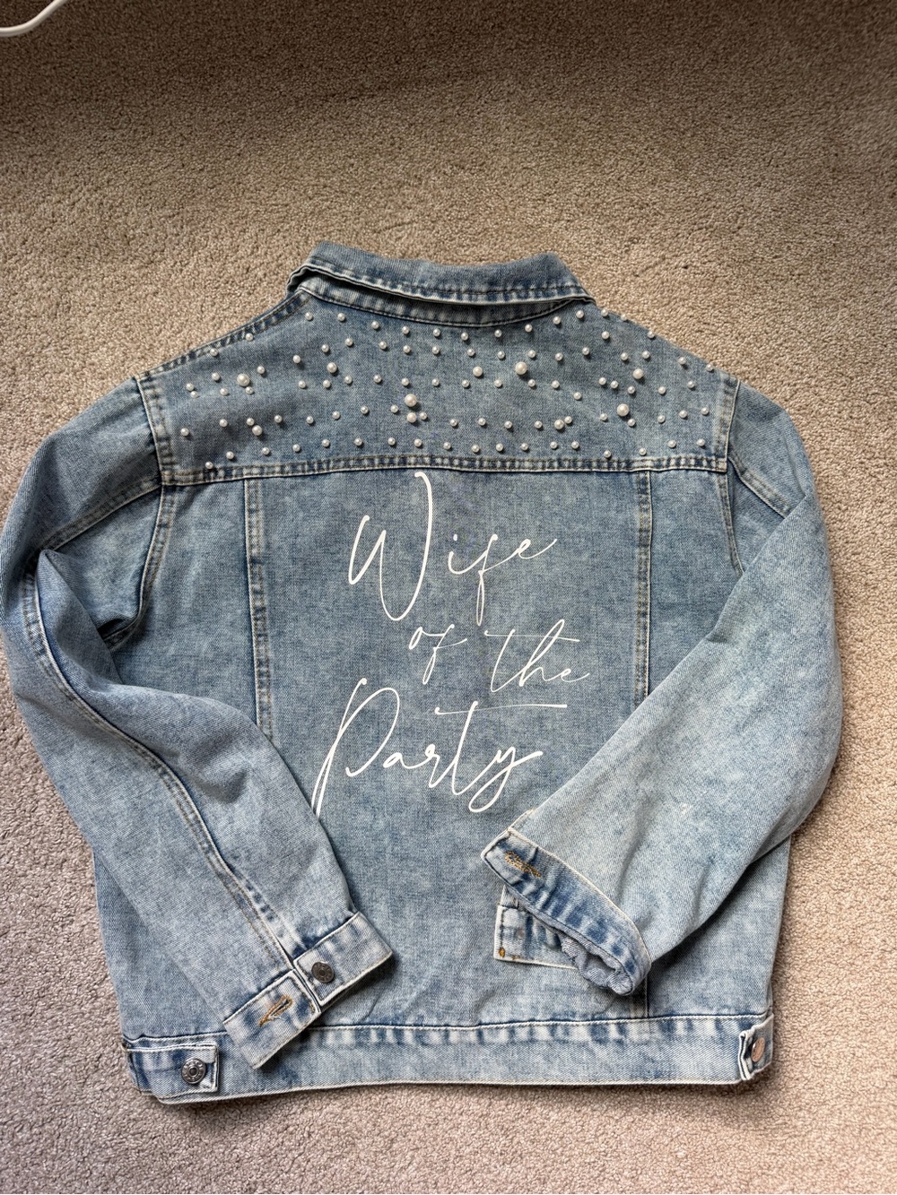 Light Wash Pearl-Embellished Denim Jacket - Wife of the Party